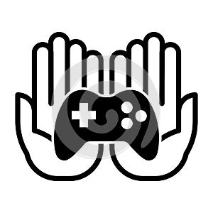 Hands open with console controller icon. Hand holding a video game gamepad joystick symbol logo. Vector illustration.