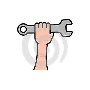 Hand holding a wrench icon. Repairman spanner in hand symbol. Vector illustration isolated on white background.