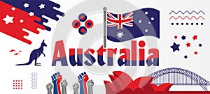 Australia national day banner for Independence day 26 January. Australian Flag, landmarks, raised fists and geometric background