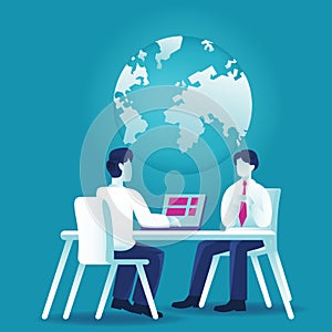 Teamwork and development concept. People brainstorming showing world globe. Vector illustration