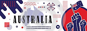 Australia national day banner for Independence day with Australian map, raised fists and geometric art in flag color theme