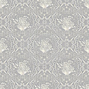 Luxury Victorian style, sÃÂ±lver swÃÂ±rl pattern, grey background. photo