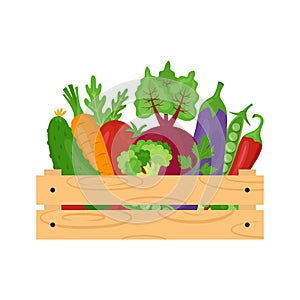 Wooden crate with fresh organic vegetables. Farmer's market, healthy eating or vegan food themes.