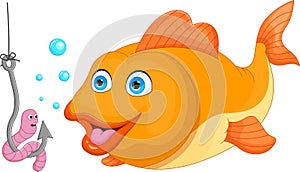 Cartoon cute fish with a worm on a hook