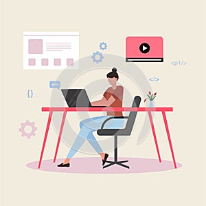 Female web developer working on project Illustration