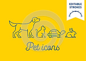 Pet icon set with editable strokes. Dog, cat, turtle and rabbit symbols on yellow background. Minimal dog, pussy, tortoise and bun