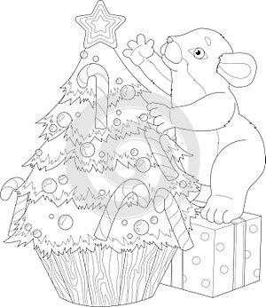 Cartoon cute mouse decorating Christmas tree sketch template. Winter mice vector illustration in black and white