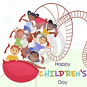 Happy Children's Day. Illustrations of happy kids riding amusement rides