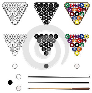 Billiards Pool Rack Set up with White Ball and Cue Clipart - Outline, Silhouette and Color