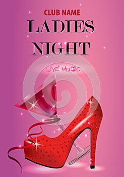 Lady Night invitation with red high heeled shoe and red cocktail photo