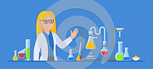 Vector illustration of a female scientist. Woman scientist working in a laboratory.