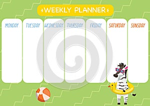 Childishly cute week planner. Horizontal. With cute zebra, inflatable swim ring and ball. photo