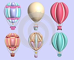 3d aerostats in the sky, a set of balloons for flight, 3d elements for the design of travel apps and websites