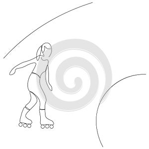 Child rollerblading line drawing vector illustration