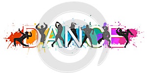 Detailed vector illustration silhouettes of expressive dance people dancing. Jazz funk, hip-hop, house dance lettering. Dancer.