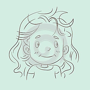 Diverse face of young girl, her emotions. Portrait with a positive facial expression. Hand drawn doodle sketch. Vector illustratio