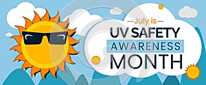 UV safety awareness month. July sun protection month. Vector banner.