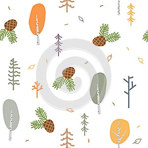 Vector seamless pattern, pine cones and trees