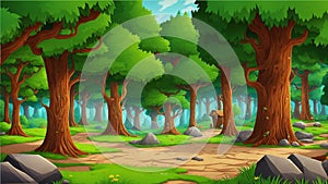 A cartoon forest scene with rocks and trees, forest background photo
