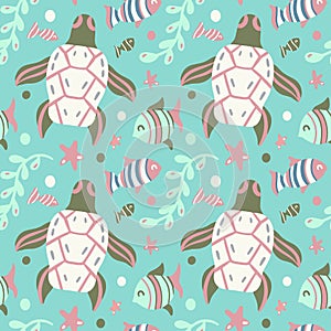 Cute turtle and fish. Seamless vector pattern for kids in flat style. Print with the underwater world, sea and ocean