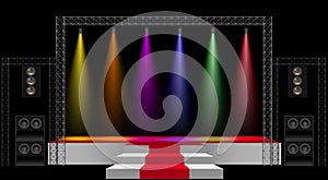 white stage and speaker with colorful spotlight on the truss system on the white background