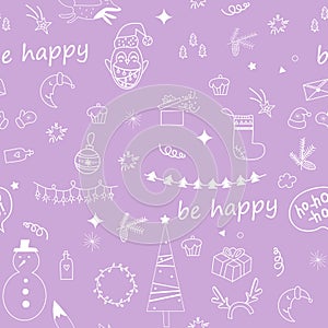 Doodles. New Year's Eve pattern on a soft purple background.