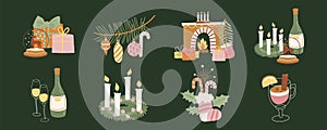 Set of vector Christmas advent presents and home decorations illustrations. photo