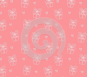 Seamless pattern with white gift boxes on the pink background.