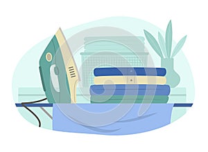 Electric Iron and Stack of Clothes on Ironing Board for Housework Concept Illustration