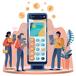 Contactless payment. Image of a payment terminal and women using contactless payment.