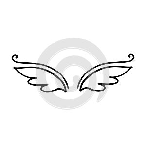 Doodle wings. Cartoon bird feather wings, religious angel wings ink sketch, black tattoo silhouette.