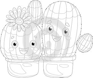 Two cute cartoon cactus in pot with little flower sketch template.