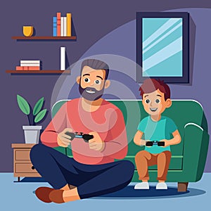 Dad plays with his son on the console at home.