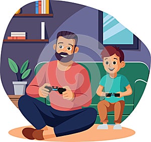 Dad plays with his son on the console at home.
