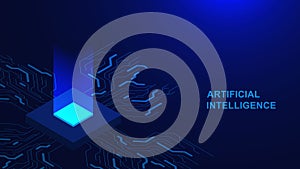 Artificial Intelligence concept with circuit board and glowing microchip isometric