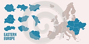 Highly detailed blue illustration map of Eastern Europe.