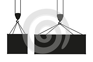 Black shadow cargo container hanging on a crane hook.