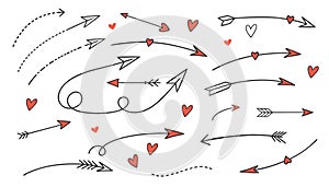 Hand drawn arrows and hearts. Doodle cute glitter pen line elements. Vector set