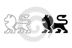 Lion Illustration in Line Art and Solid Black Styles.