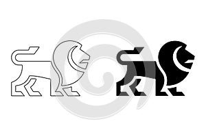 Lion Illustration in Line Art and Solid Black Styles.