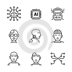 AI and Machine Learning Icons. AI Technology and Human-Machine Interaction Icons,