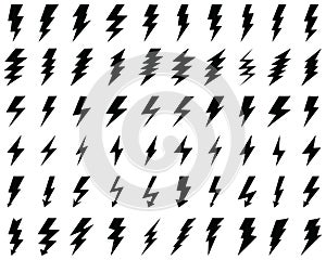 Black icons of thunder and flash lighting