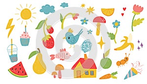 Hand drawn colored set of simple decorative elements. Cute vector set of hand drawn elements