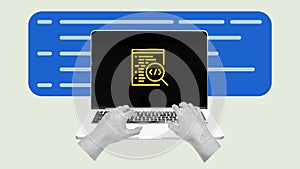 Hand typing on laptop with HTML and CSS coding symbol
