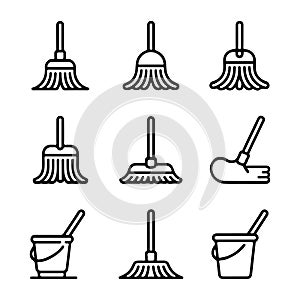 Mop Icon Set for Cleaning. Vector Illustration of Various Cleaning Tools.