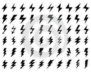 Black icons of thunder and flash lighting