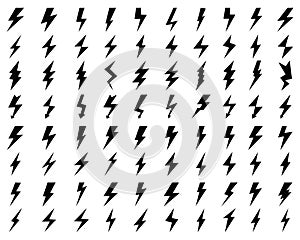 Black icons of thunder and flash lighting