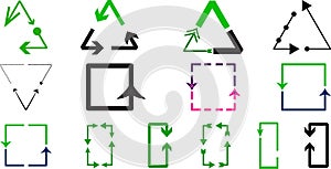 Recycling arrows vector set with triangle and square cycle icons for eco sustainability environment design