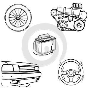 Wheel, steering wheel, bumper, engine, battery