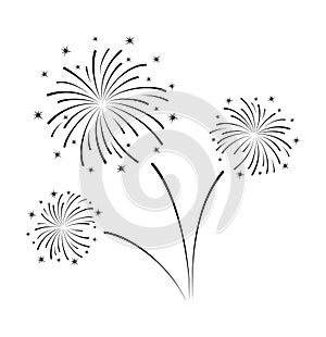 Festive fireworks. Black and white vector illustration with a line isolated on a white background